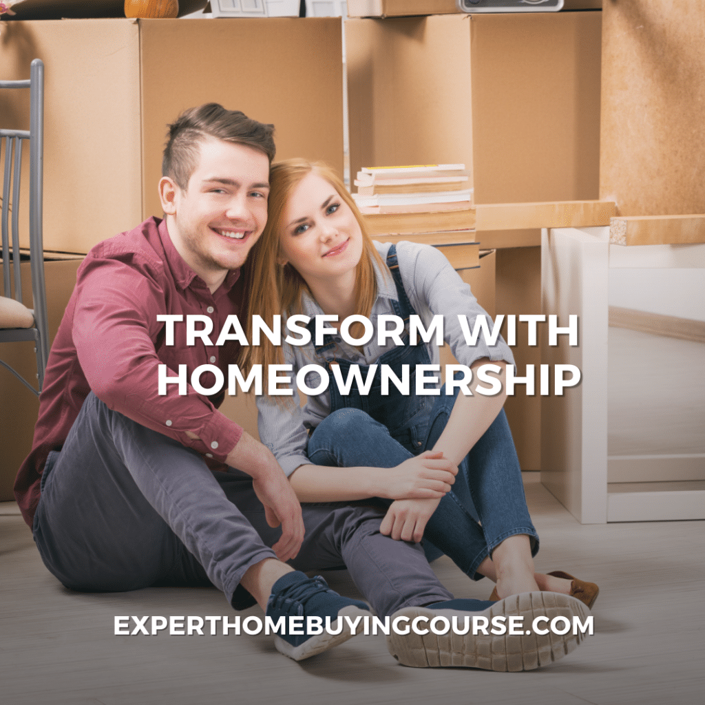 A smiling couple sitting on the floor in their new home surrounded by moving boxes, with the text 'Master the Art of Suburban Living' displayed above the website address experthomebuyingcourse.com.